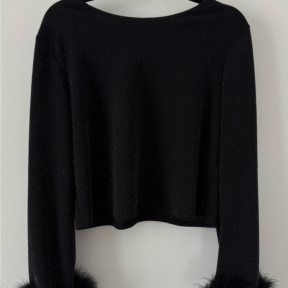 Express Black Sparkle Long-Sleeve Crop Top with Feather Cuffs